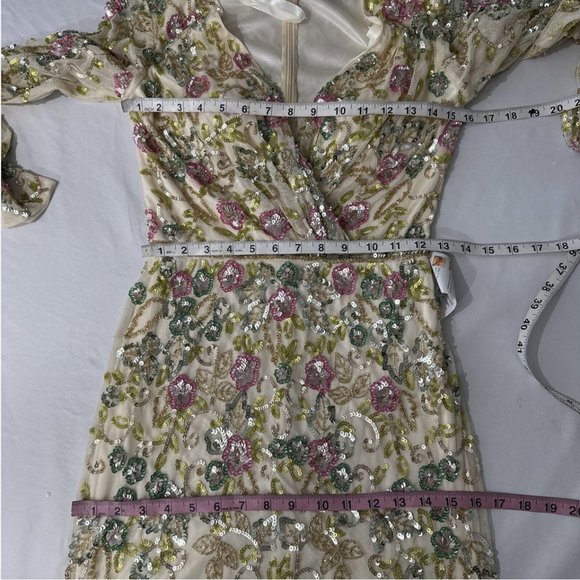 NWT $698 Mac Duggal [ 4 ] Long Sleeve Floral Embellished Gown in Nude Mult #Q633 - Picture 2 of 15